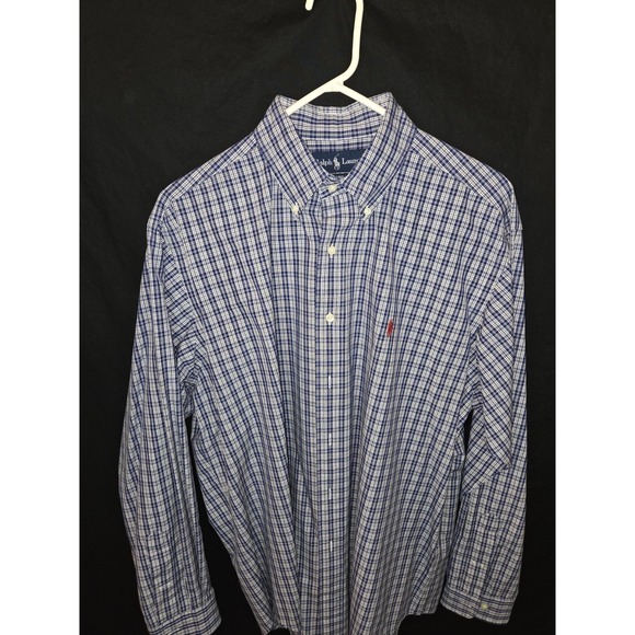 Polo Ralph Lauren Mens‎ Large Cotton Long Sleeve Button Up Blue Plaid Red Pony - Picture 1 of 4